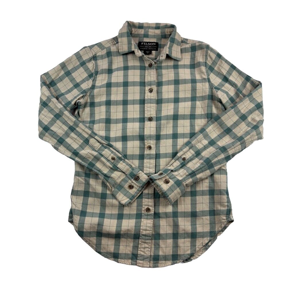 CC Filson Button Up Shirt Womens S Tan Green Check Long Sleeve